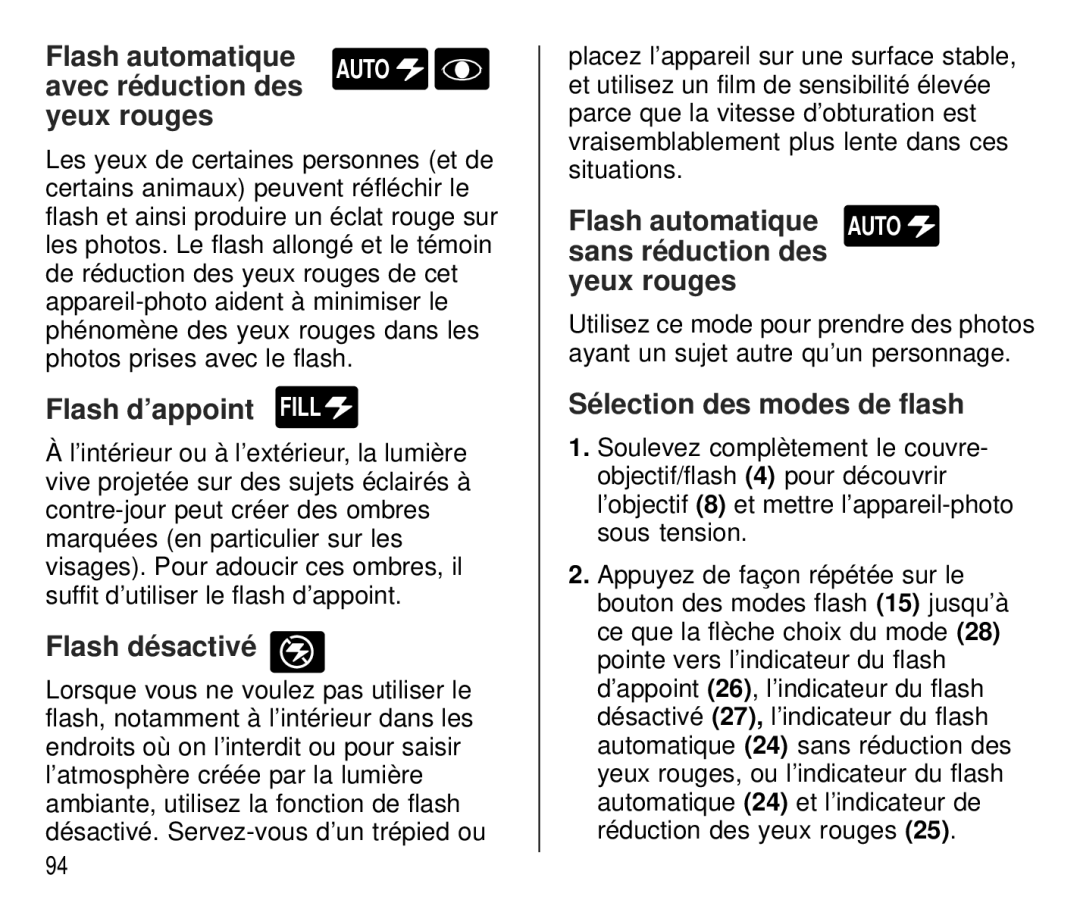 Kodak C750 manual Flash automatique, Avec réduction des, Yeux rouges, Flash d’appoint Fill, Flash désactivé 