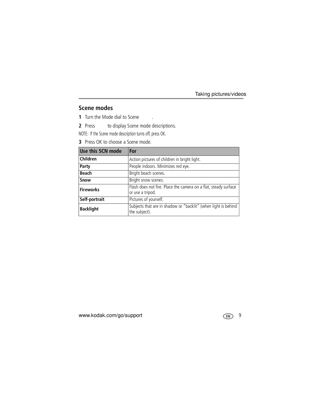 Kodak C763 manual Scene modes, Turn the Mode dial to Scene, Press OK to choose a Scene mode, For 