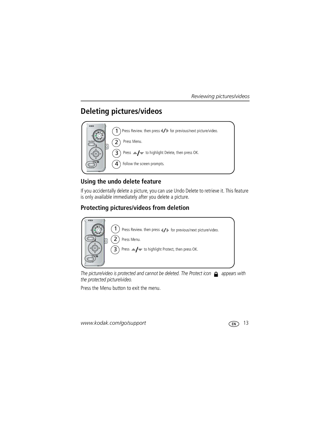 Kodak C763 manual Deleting pictures/videos, Using the undo delete feature, Protecting pictures/videos from deletion 