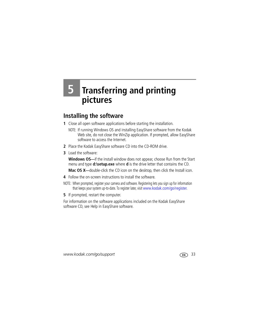 Kodak C763 manual Transferring and printing pictures, Installing the software 