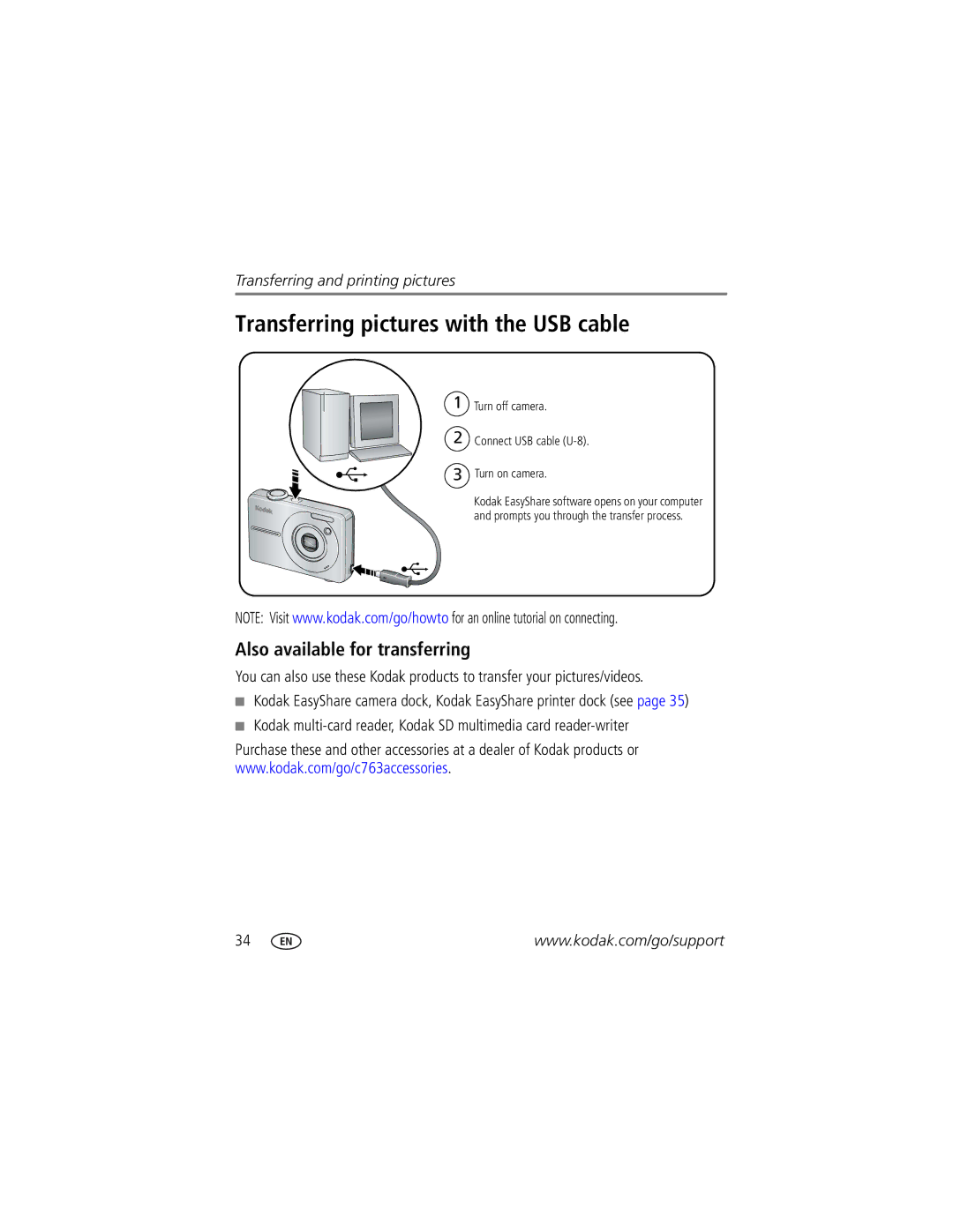 Kodak C763 manual Transferring pictures with the USB cable, Also available for transferring 