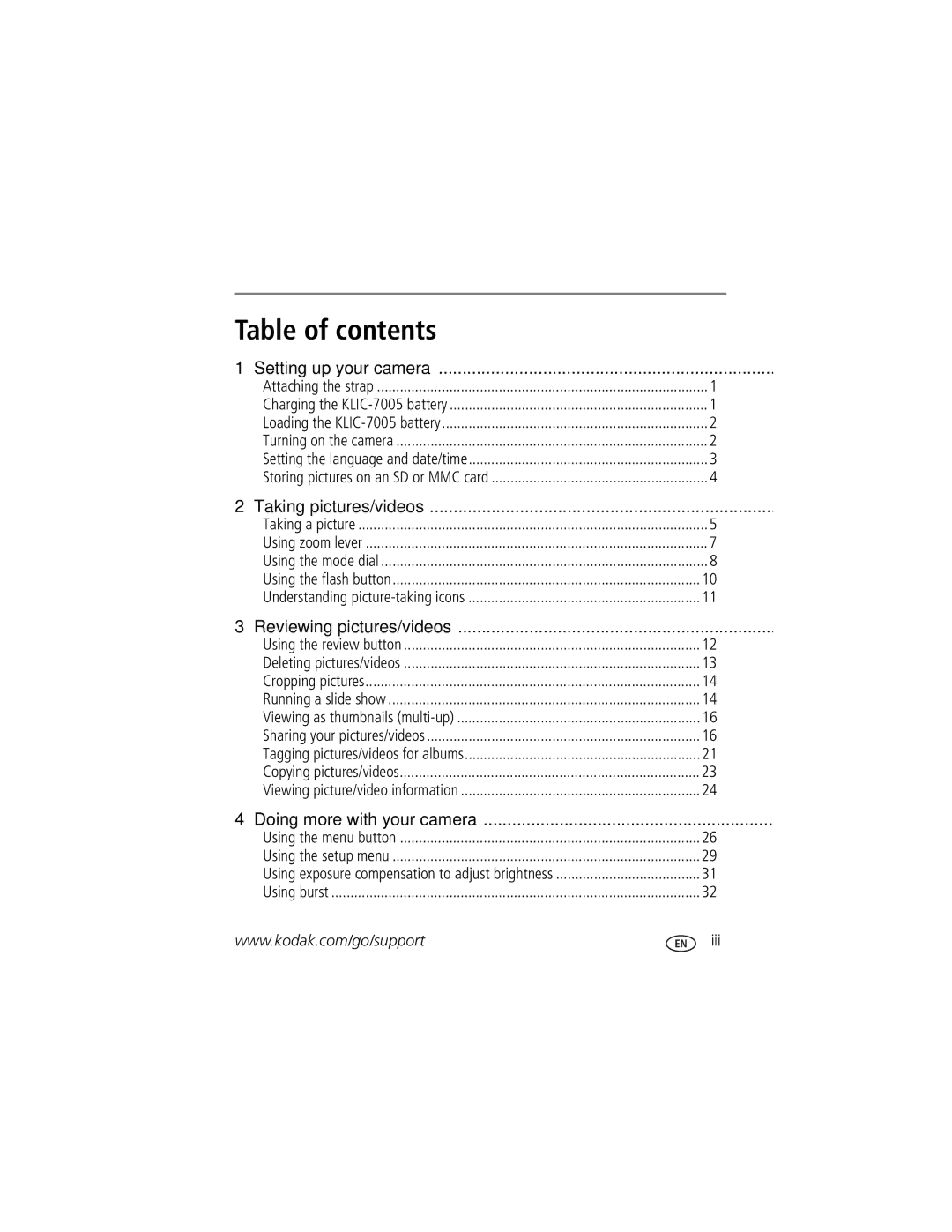 Kodak C763 manual Table of contents 