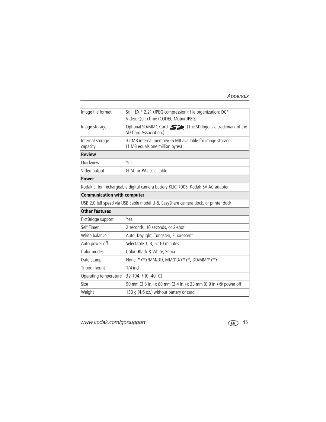 Kodak C763 manual Review, Power, Communication with computer, Other features 