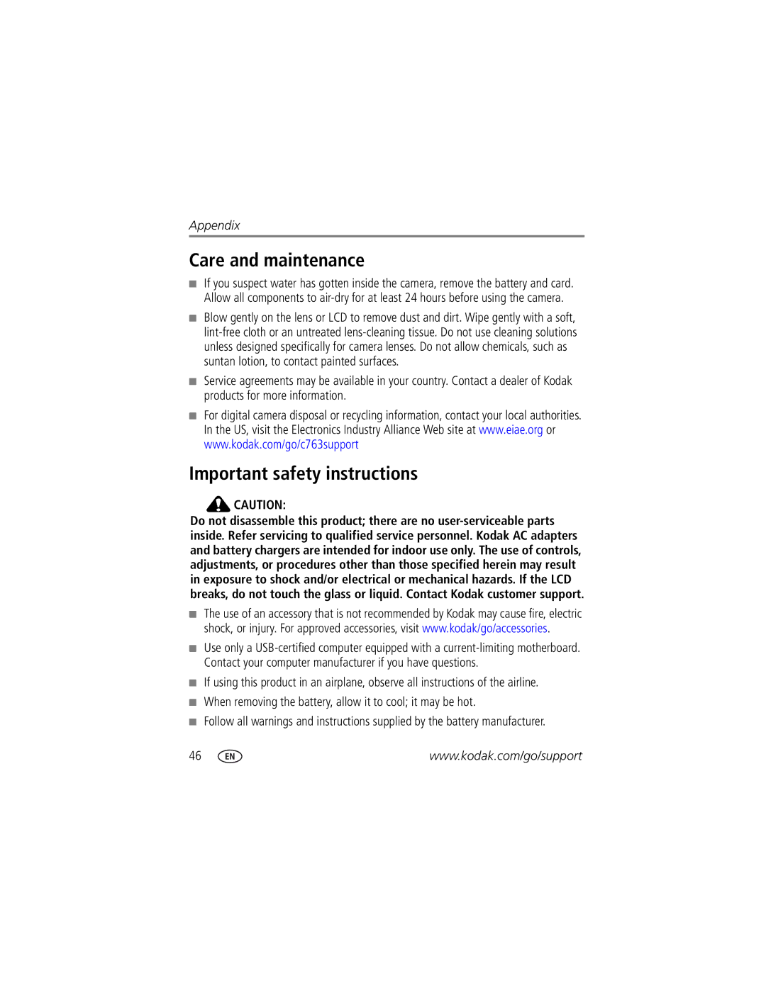 Kodak C763 Care and maintenance, Important safety instructions, When removing the battery, allow it to cool it may be hot 