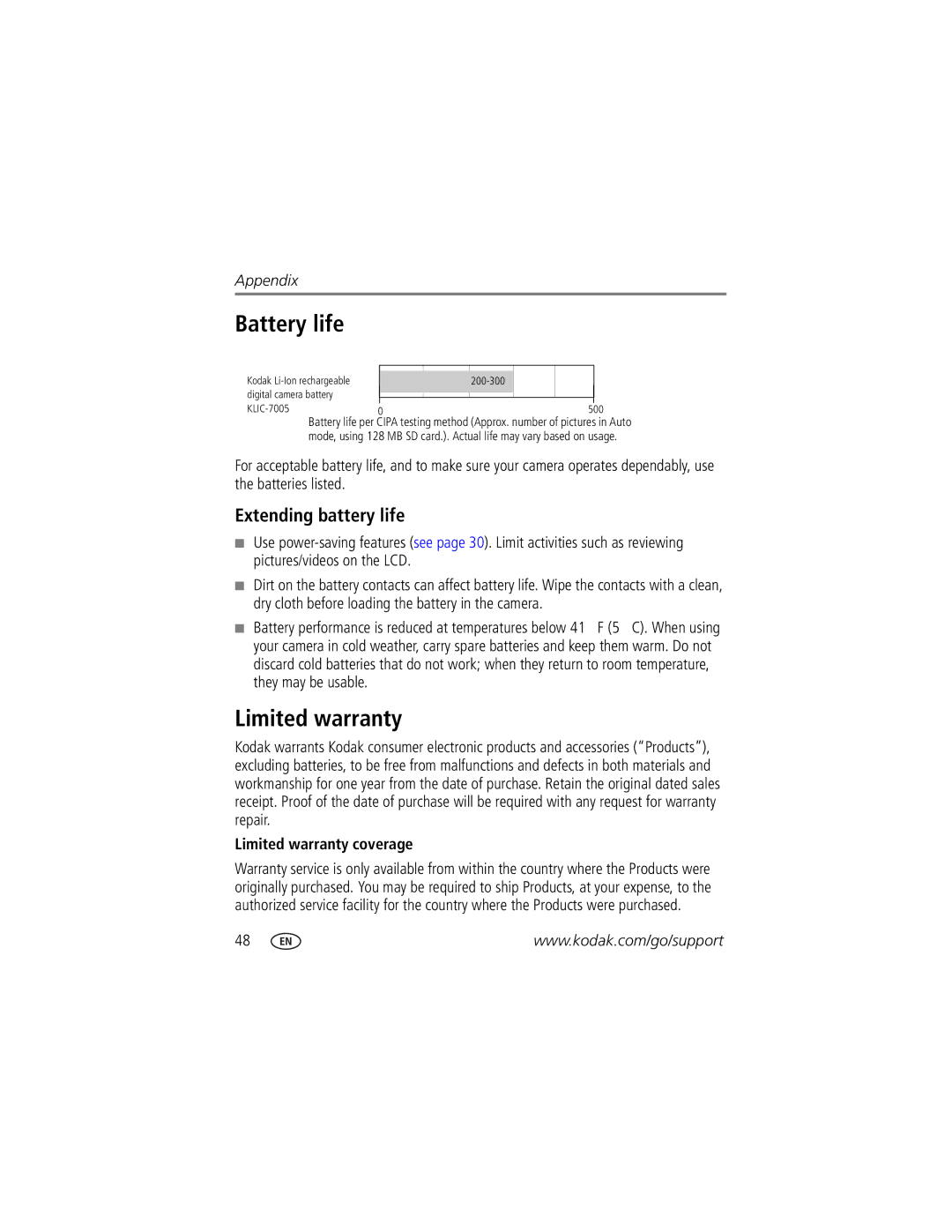 Kodak C763 manual Battery life, Extending battery life, Limited warranty coverage 