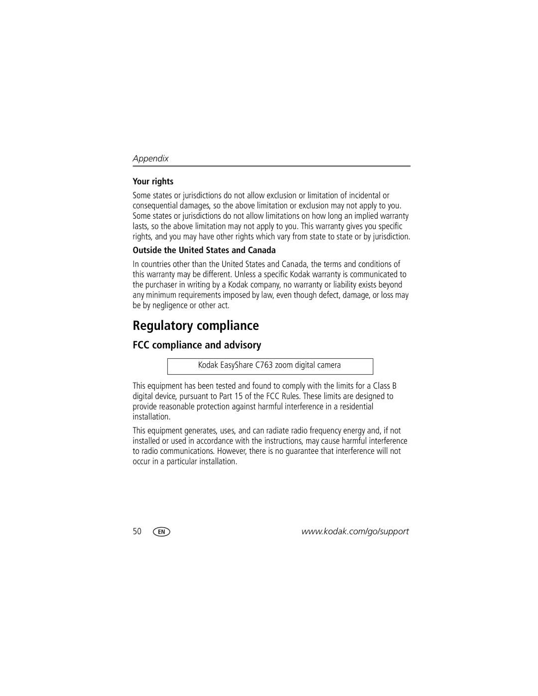 Kodak C763 manual Regulatory compliance, FCC compliance and advisory, Your rights, Outside the United States and Canada 