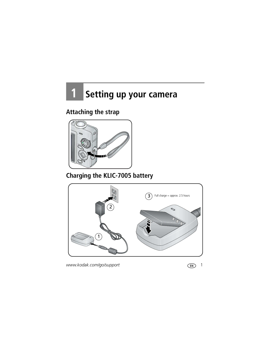 Kodak C763 manual Setting up your camera, Attaching the strap Charging the KLIC-7005 battery 