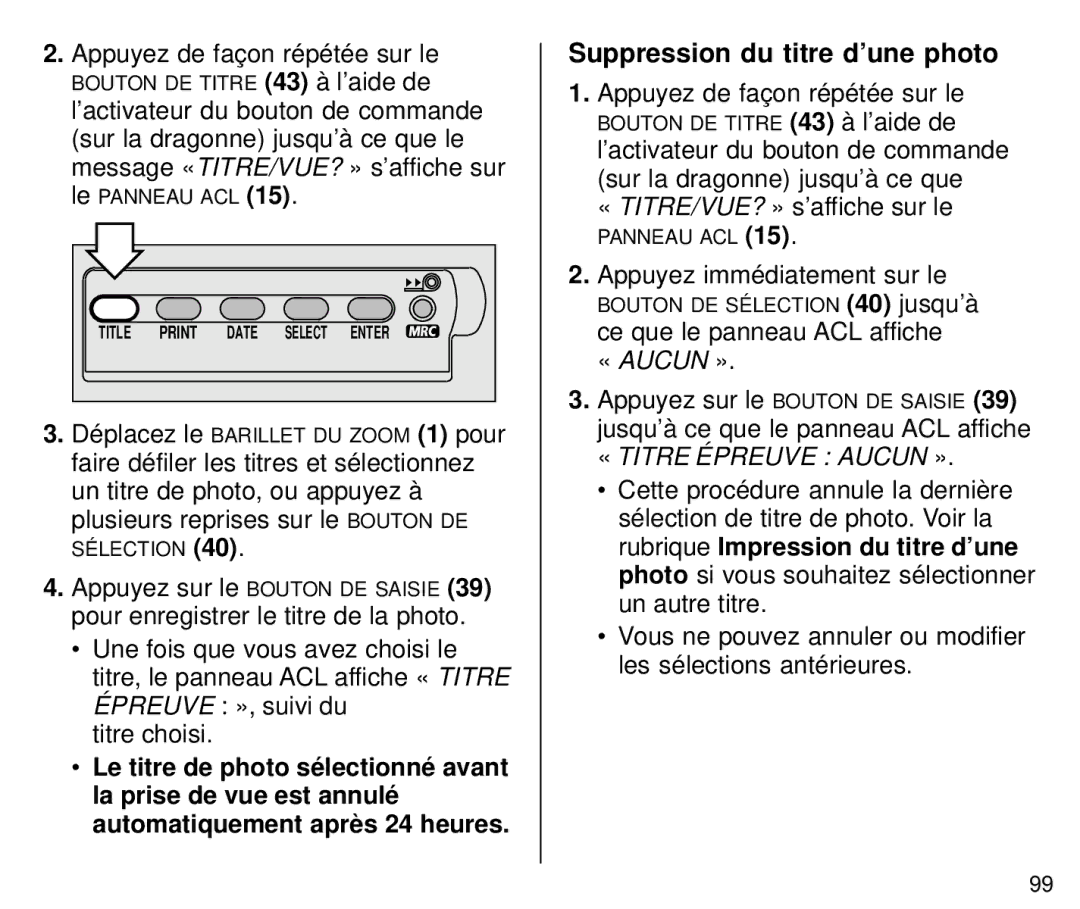 Kodak C800 Le15, Suppression du titre d’une photo, Appuyez immédiatement sur le, Jusqu’à ce que le panneau ACL affiche 