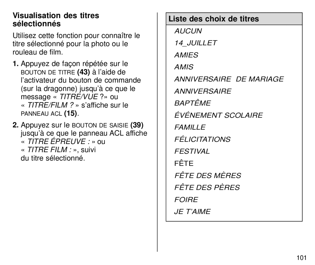 Kodak C800 manual Visualisation des titres sélectionnés, Liste des choix de titres 