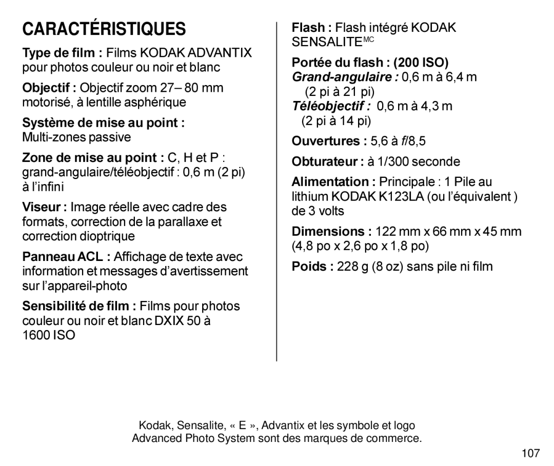 Kodak C800 manual Caractéristiques, Téléobjectif 0,6 m à 4,3 m 