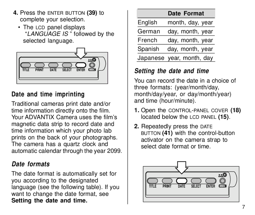 Kodak C800 manual Date and time imprinting, Setting the date and time Date Format 