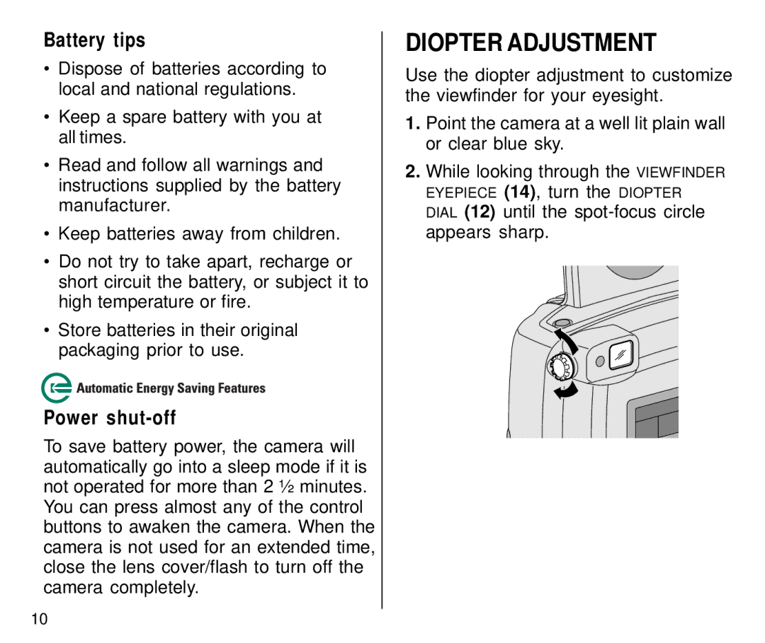 Kodak C800 manual Diopter Adjustment, Battery tips, Power shut-off 