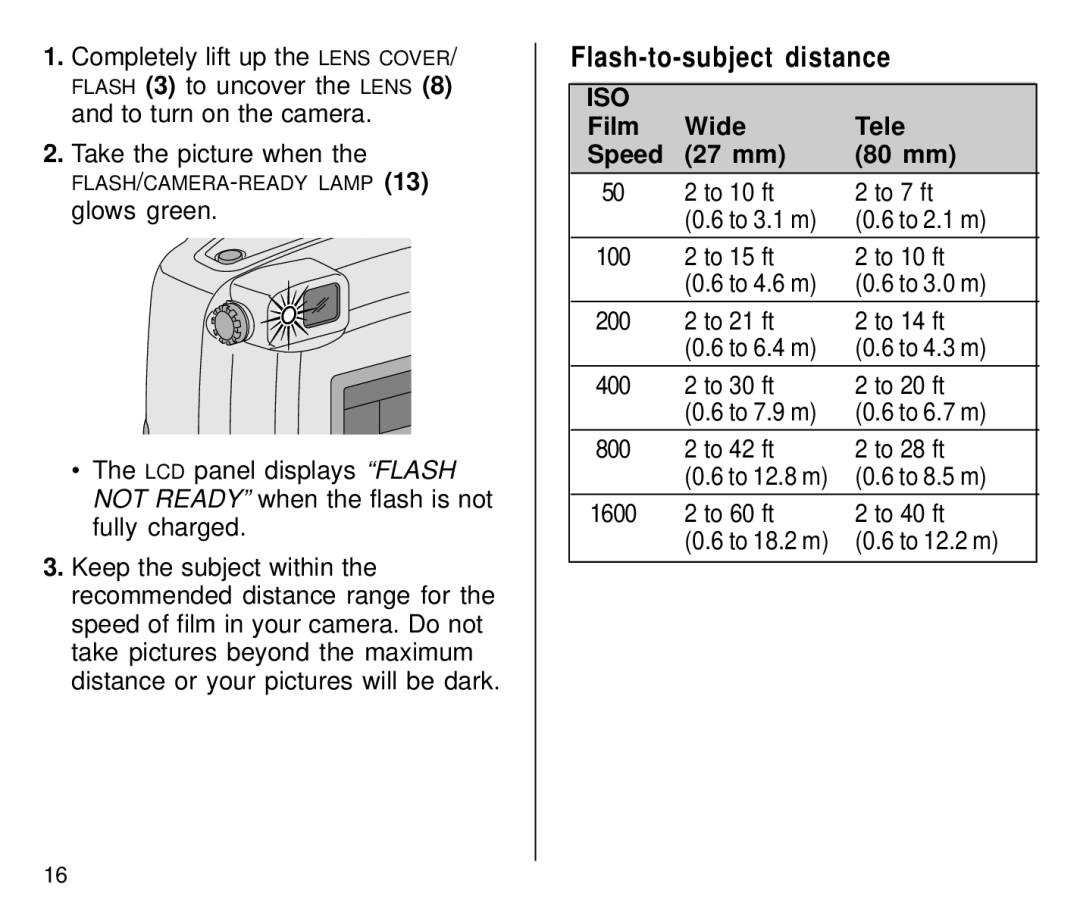 Kodak C800 manual Flash-to-subject distance, Film Wide Tele Speed 27 mm 80 mm 