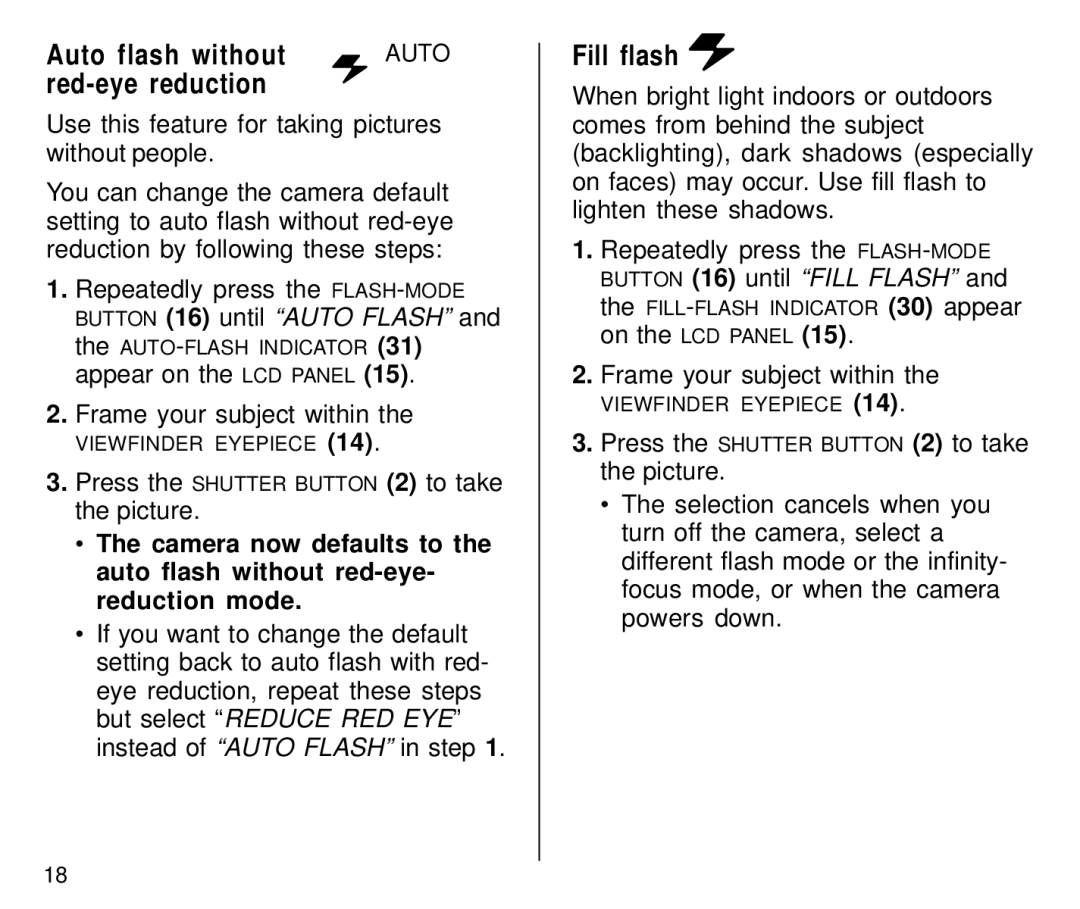 Kodak C800 manual Auto flash without, Fill flash 