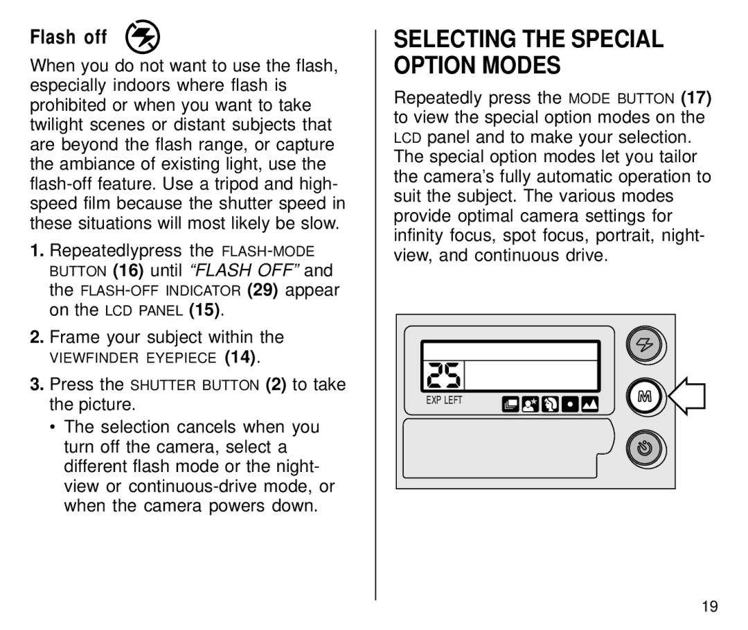 Kodak C800 manual Selecting the Special Option Modes, Flash off 