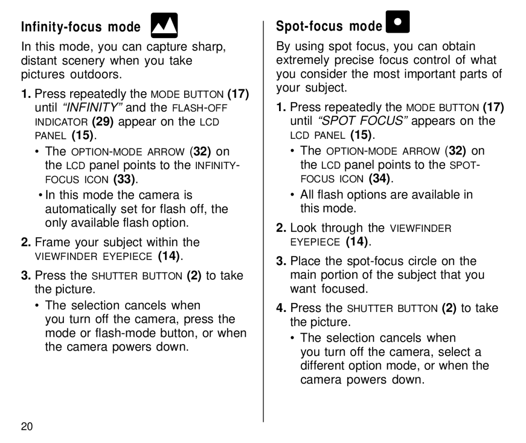 Kodak C800 manual Infinity-focus mode, Spot-focus mode 