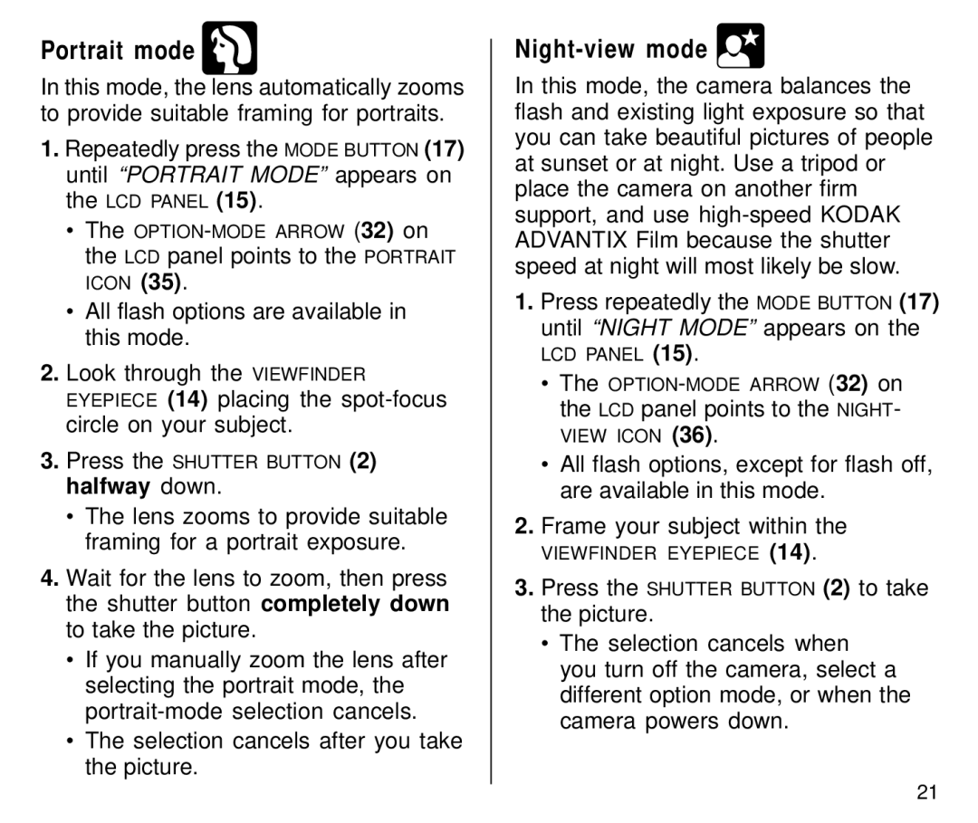 Kodak C800 manual Portrait mode, Night-view mode 
