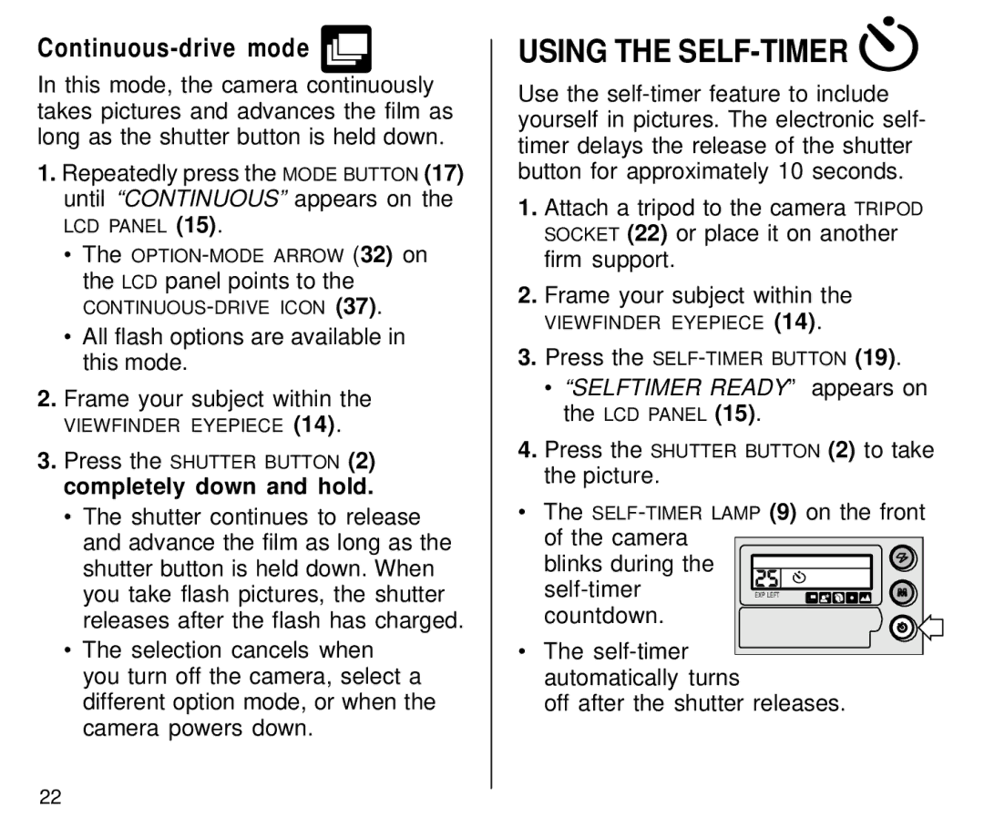 Kodak C800 manual Using the SELF-TIMER, Continuous-drive mode, Completely down and hold 