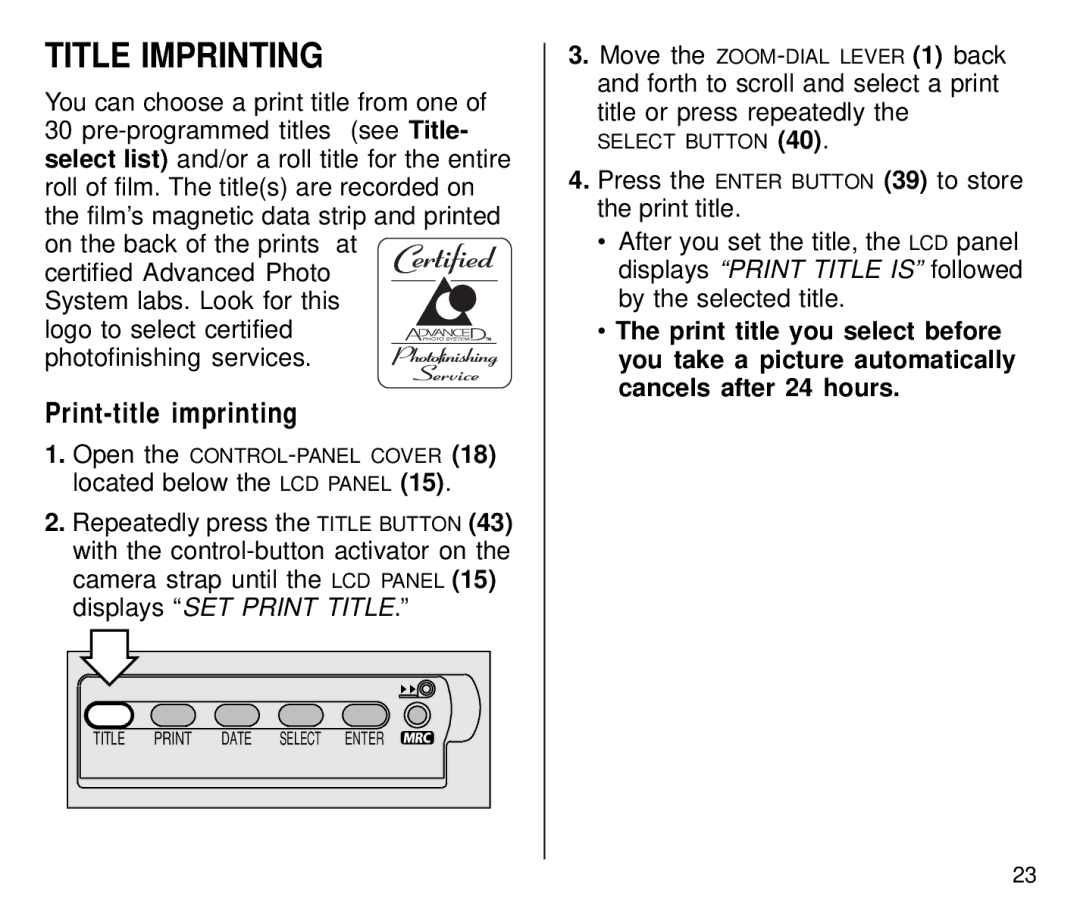 Kodak C800 manual Title Imprinting, Print-title imprinting, Located below the LCD Panel 