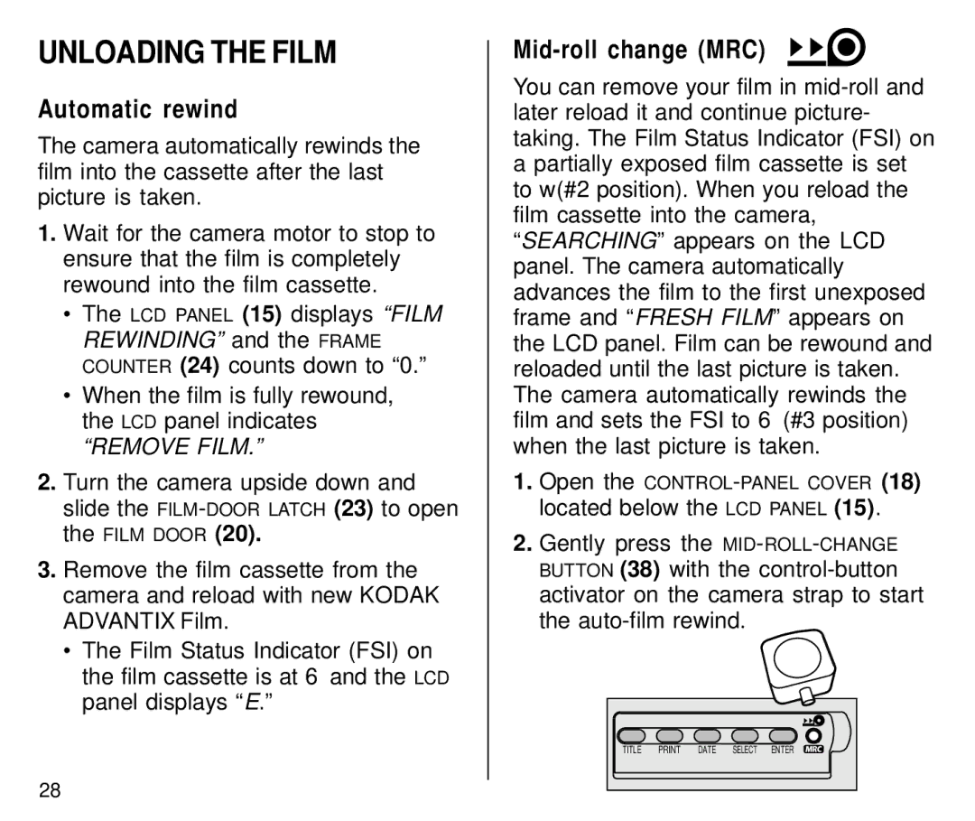 Kodak C800 manual Unloading the Film, Automatic rewind 