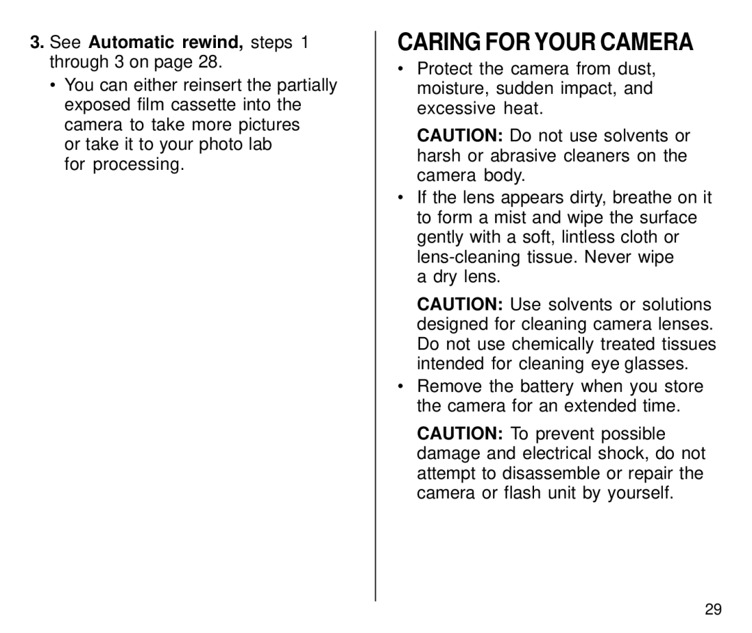 Kodak C800 manual Caring for Your Camera, See Automatic rewind, steps 1 through 3 on 