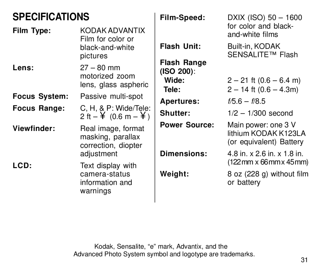 Kodak C800 manual Specifications 