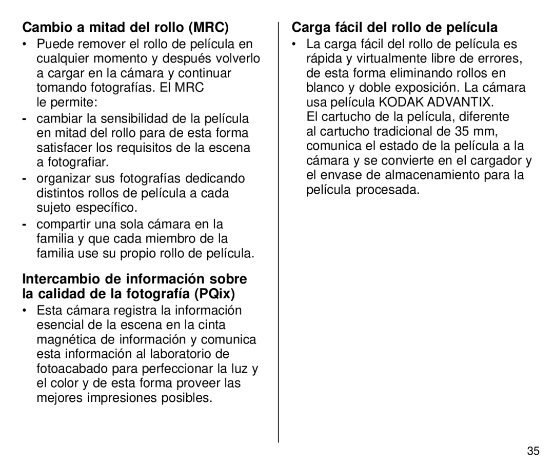 Kodak C800 manual Cambio a mitad del rollo MRC, Carga fácil del rollo de película 