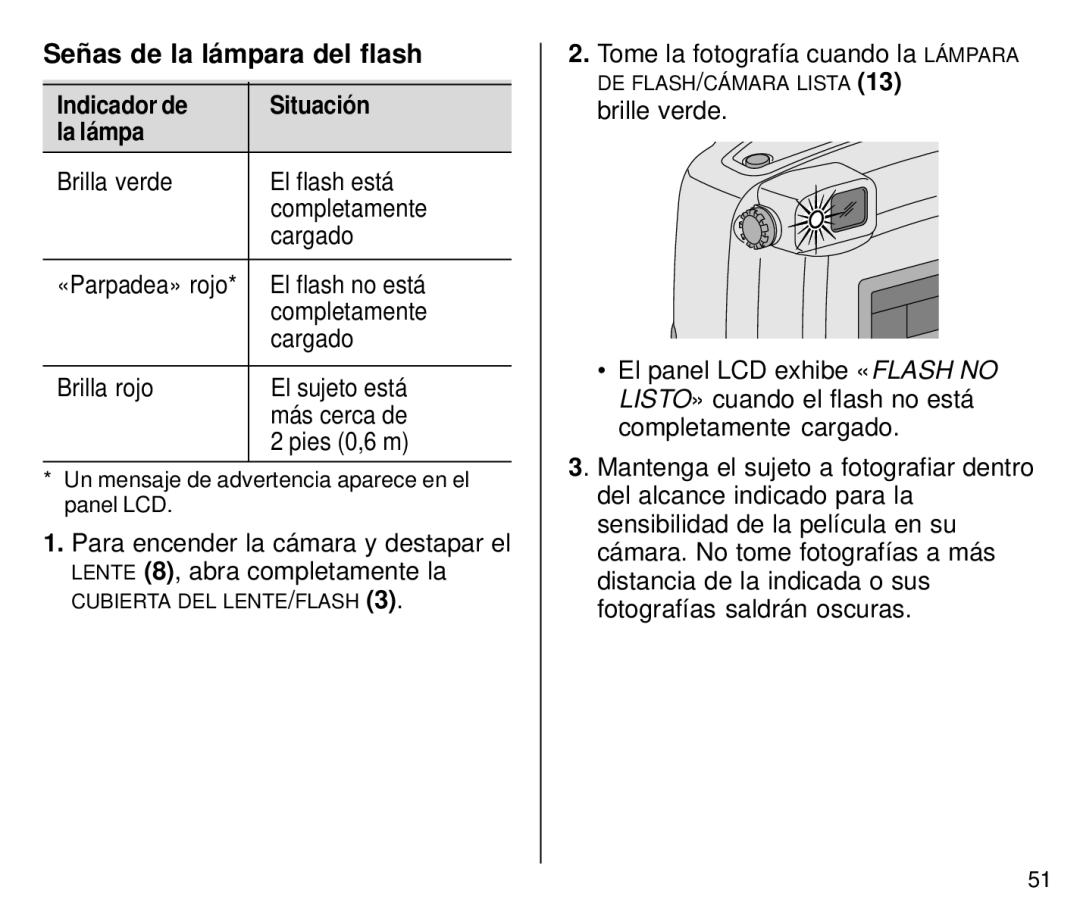 Kodak C800 manual Brilla verde El flash está Completamente Cargado, El flash no está, Tome la fotografía cuando la Lámpara 