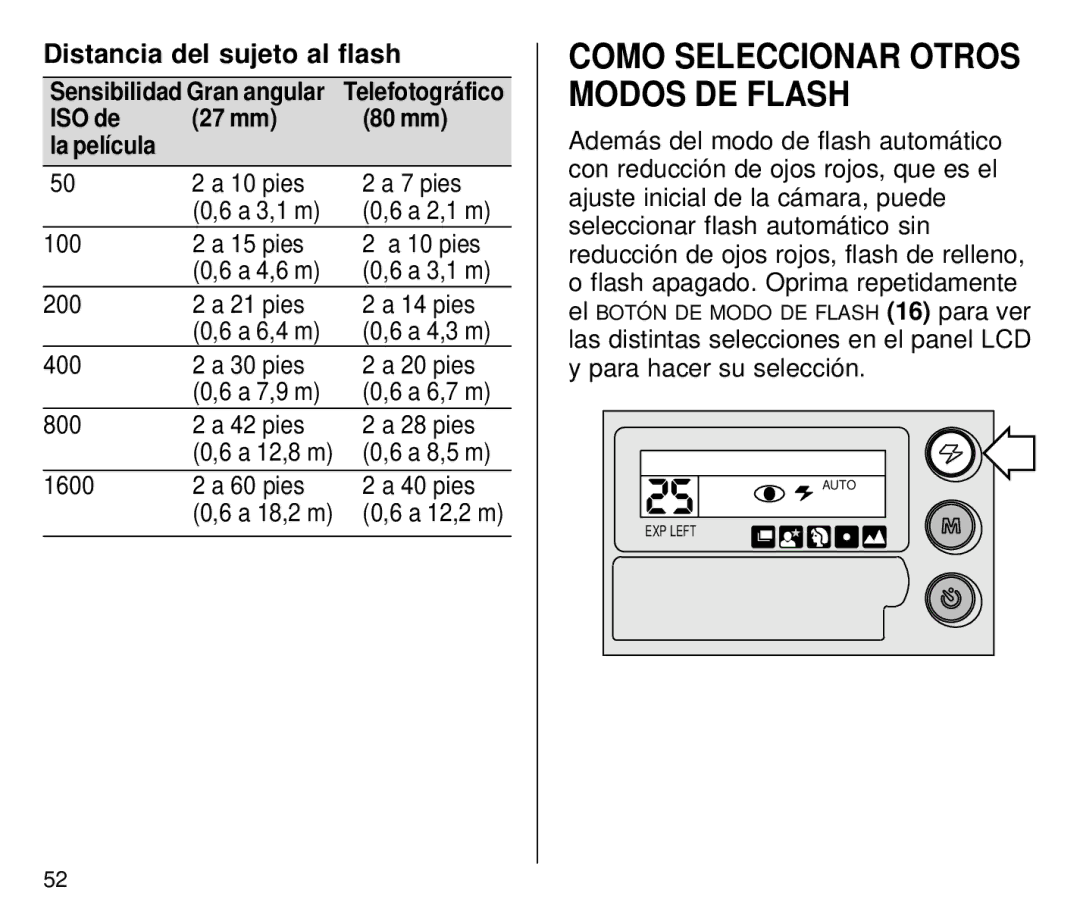 Kodak C800 manual Distancia del sujeto al flash, ISO de 27 mm 80 mm La película, A 8,5 m, 1600 60 pies 40 pies 