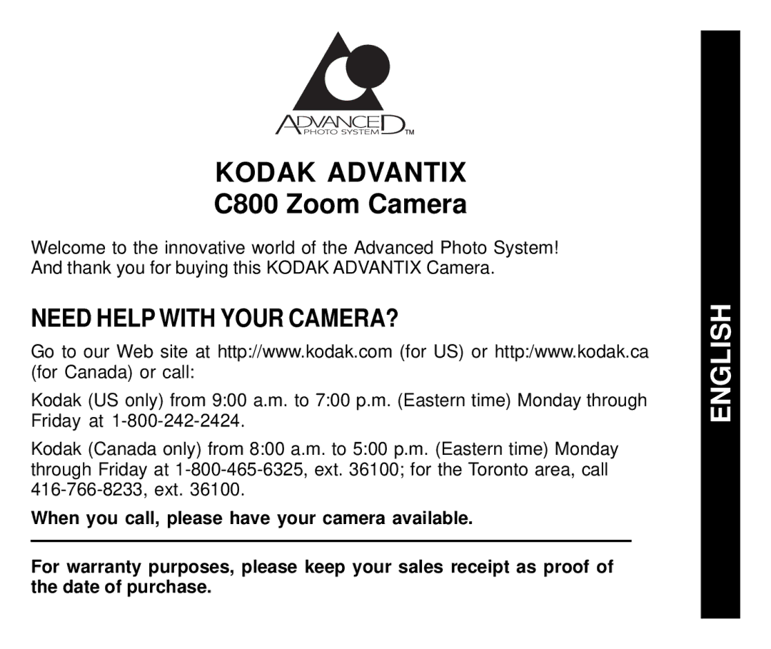 Kodak C800 manual Kodak Advantix, Need Help with Your CAMERA? 