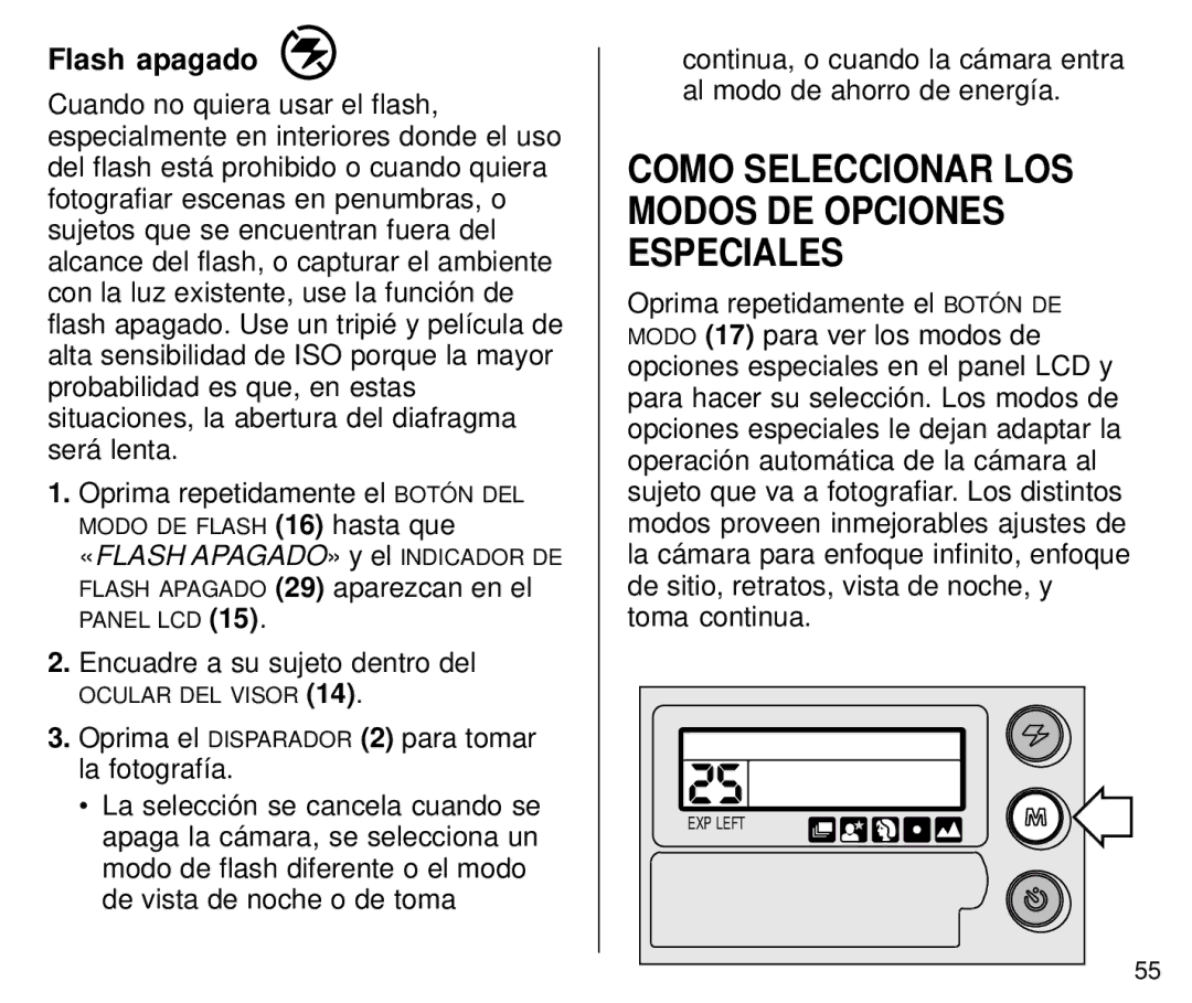 Kodak C800 manual Como Seleccionar LOS Modos DE Opciones Especiales, Flash apagado 