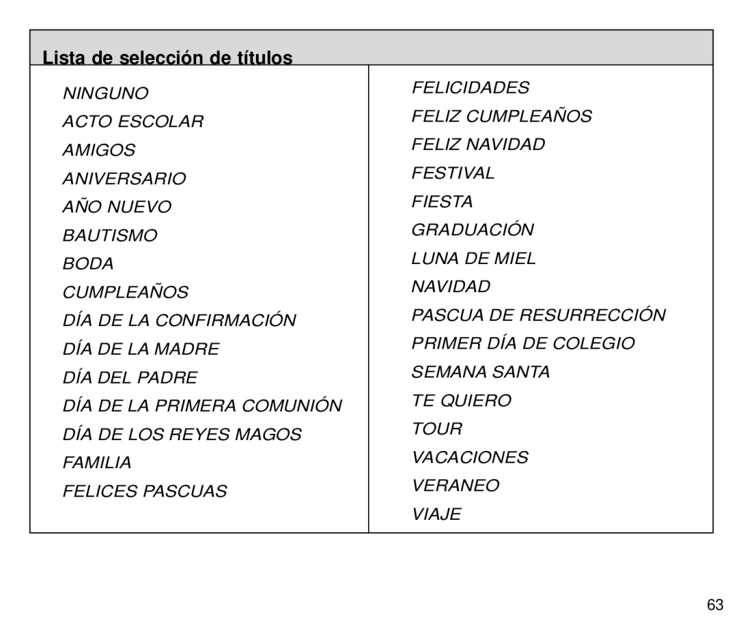 Kodak C800 manual Lista de selección de títulos 