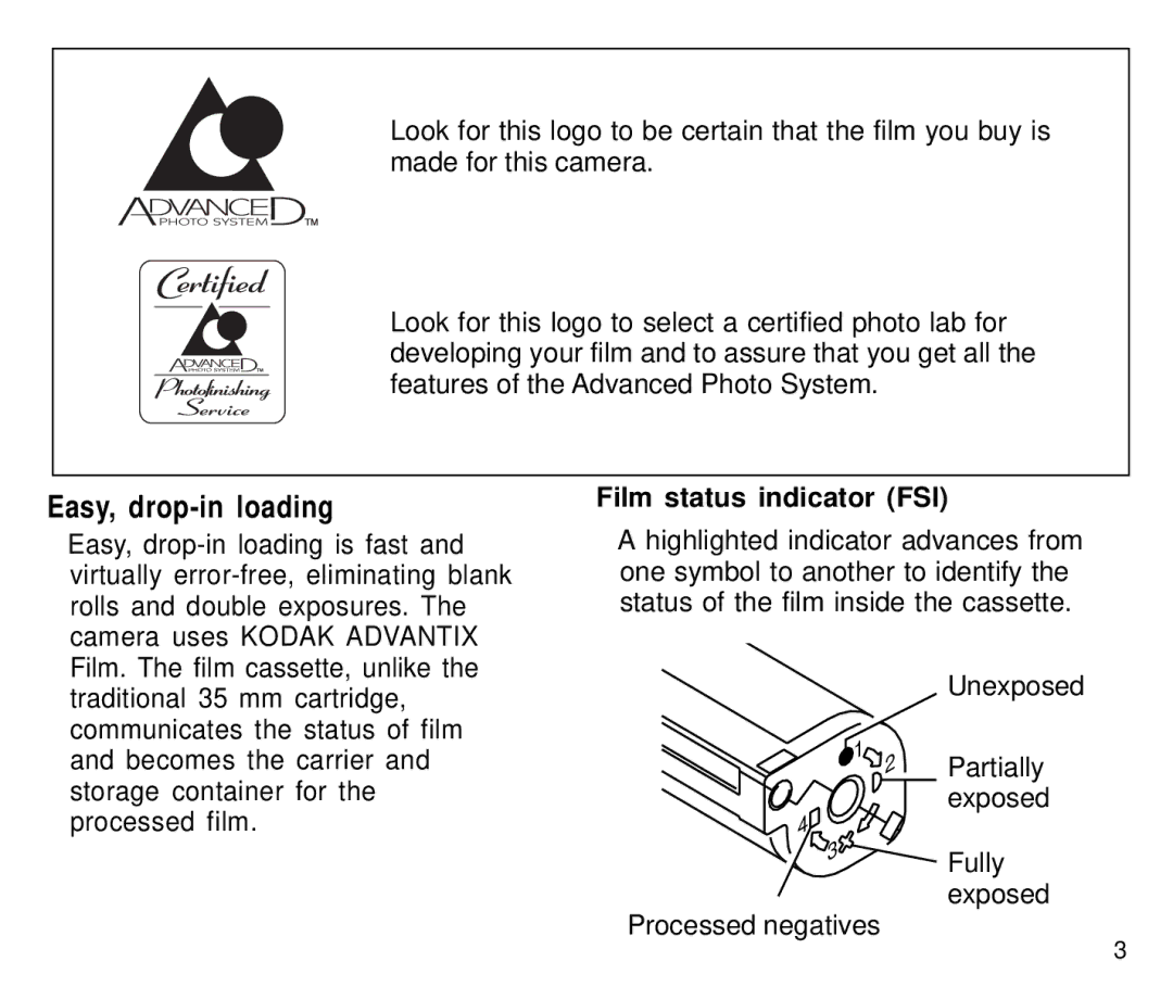 Kodak C800 manual Easy, drop-in loading, Film status indicator FSI, Fully, Exposed Processed negatives 