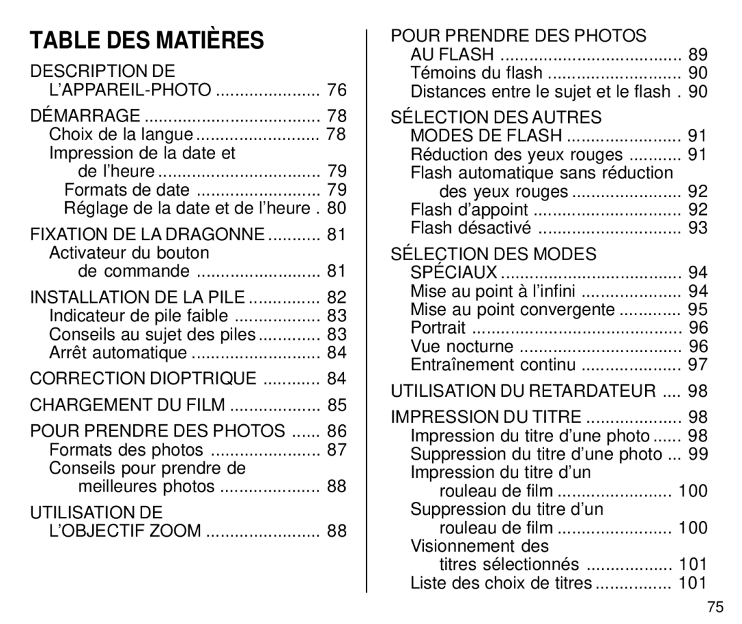 Kodak C800 Table DES Matières, Activateur du bouton De commande, Indicateur de pile faible Conseils au sujet des piles 