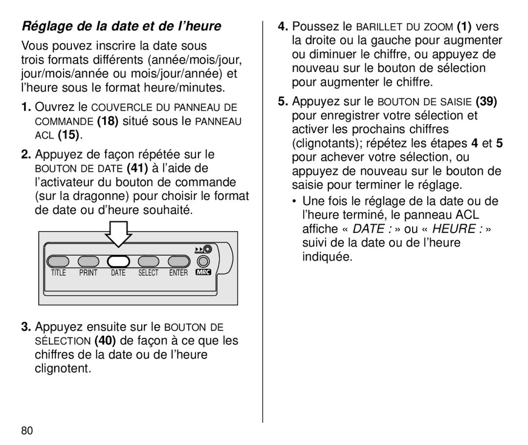 Kodak C800 manual Réglage de la date et de l’heure, Appuyez de façon répétée sur le 