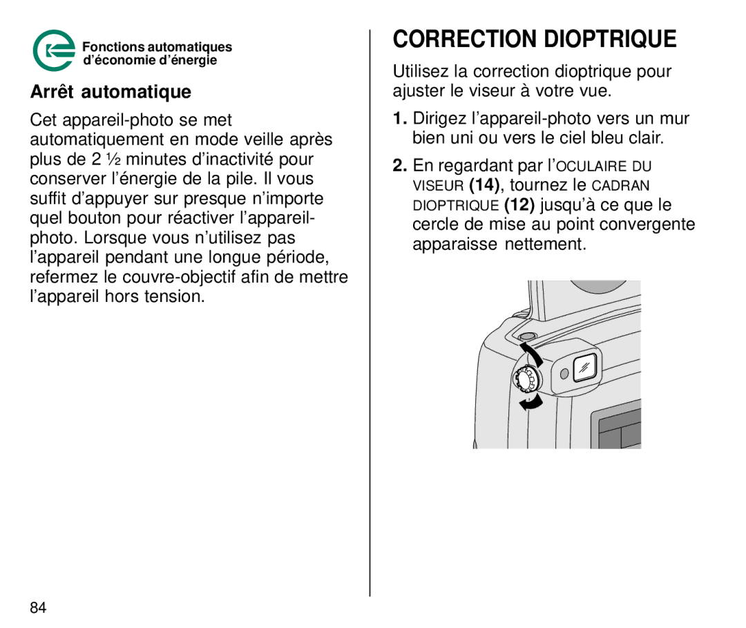 Kodak C800 manual Correction Dioptrique, Arrêt automatique 
