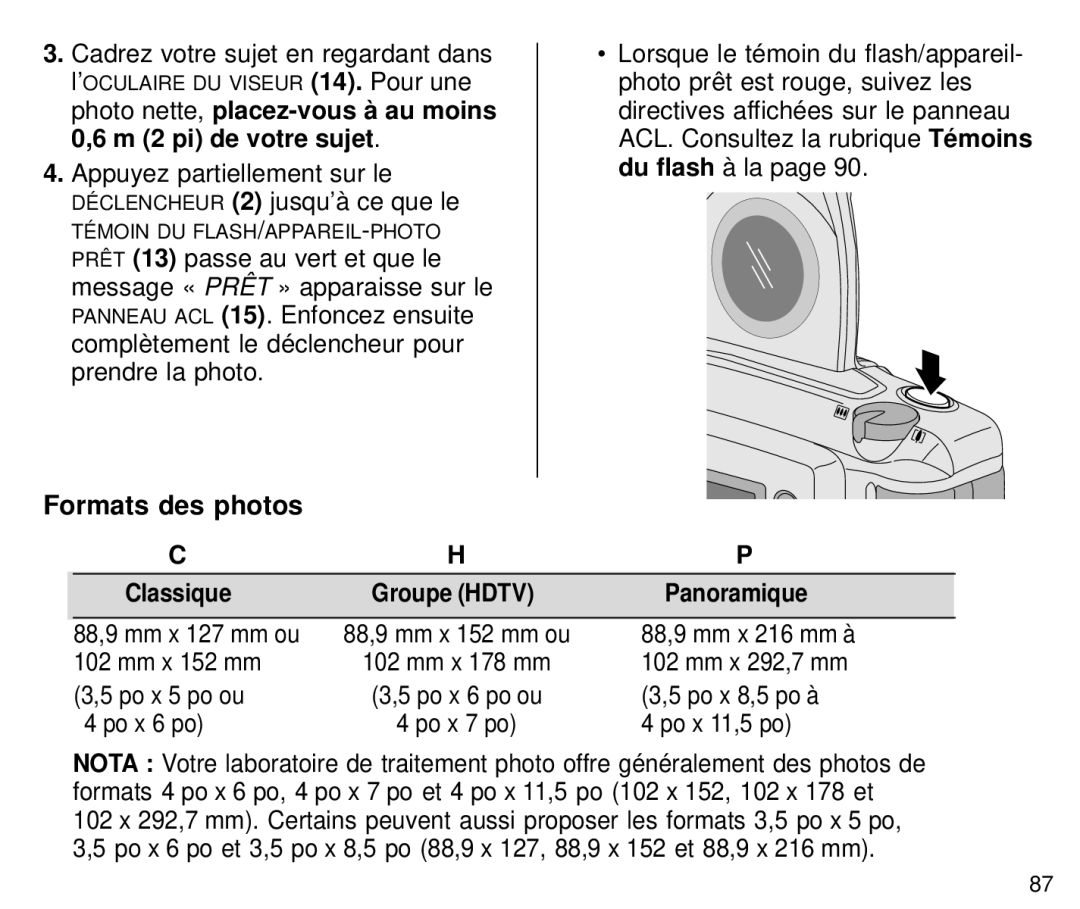 Kodak C800 manual Appuyez partiellement sur le DÉCLENCHEUR2 jusqu’à ce que le, Formats des photos, Panoramique 