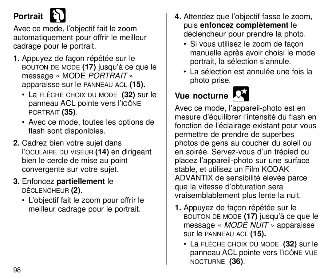 Kodak C800/C850 manual Portrait, Enfoncez partiellement le, Vue nocturne 