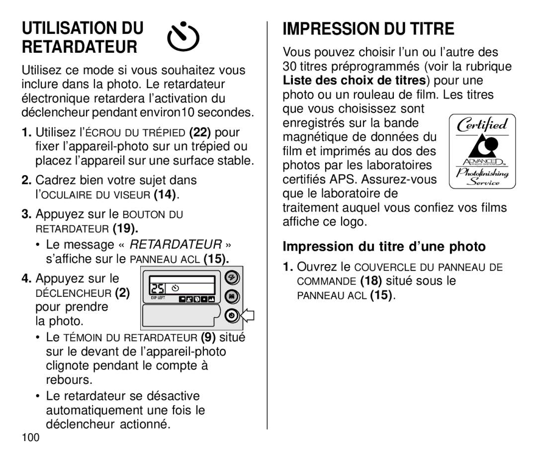 Kodak C800/C850 manual Utilisation DU Retardateur, Impression DU Titre, Impression du titre d’une photo 