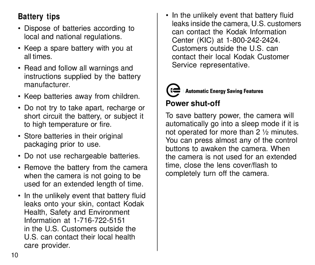 Kodak C800/C850 manual Battery tips, Power shut-off 