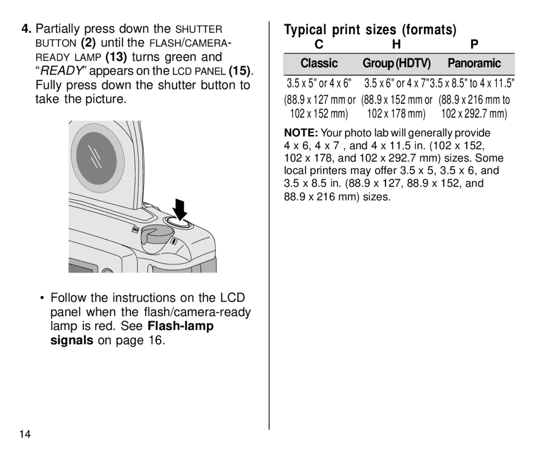 Kodak C800/C850 manual Typical print sizes formats, Partially press down the Shutter, Classic Group Hdtv Panoramic 