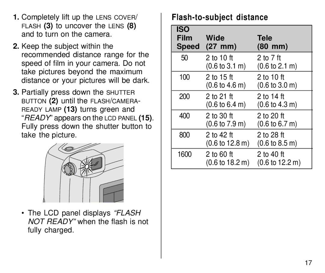 Kodak C800/C850 manual Flash-to-subject distance, Film Wide Tele Speed 27 mm 80 mm 