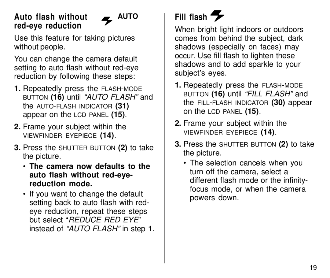 Kodak C800/C850 manual Auto flash without, Fill flash 