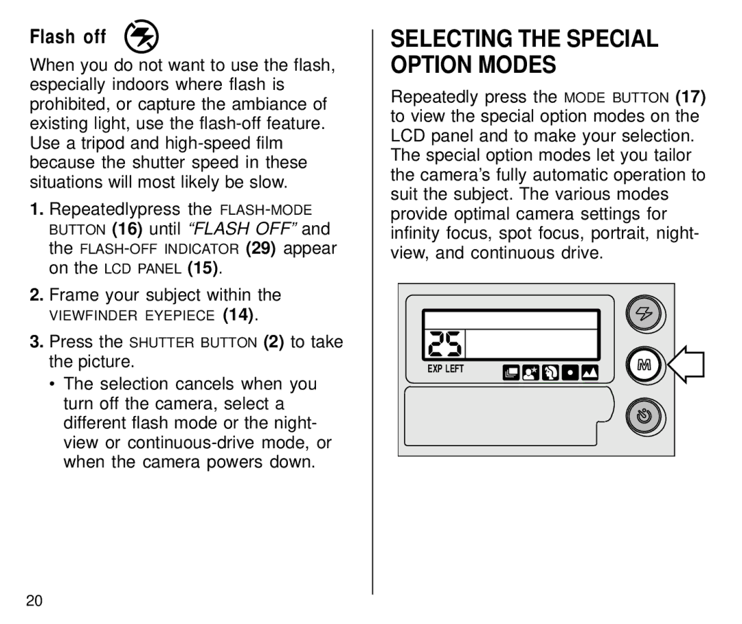 Kodak C800/C850 manual Selecting the Special Option Modes, Flash off 