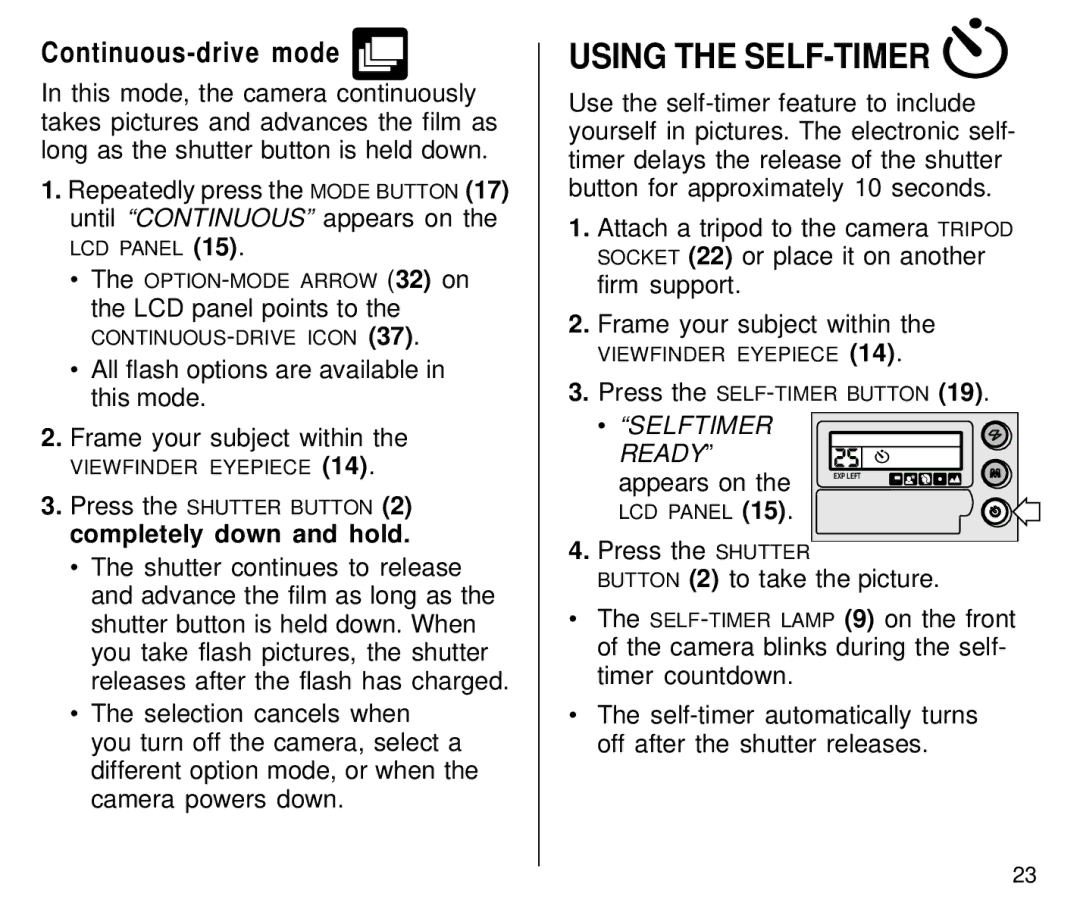 Kodak C800/C850 manual Using the SELF-TIMER, Continuous-drive mode, Completely down and hold, Appears on 