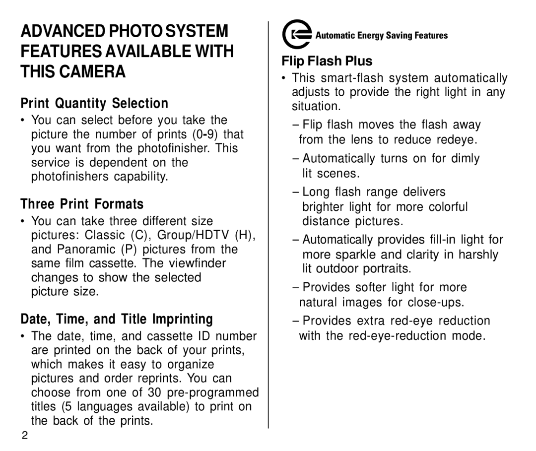 Kodak C800/C850 manual Print Quantity Selection, Three Print Formats, Date, Time, and Title Imprinting, Flip Flash Plus 