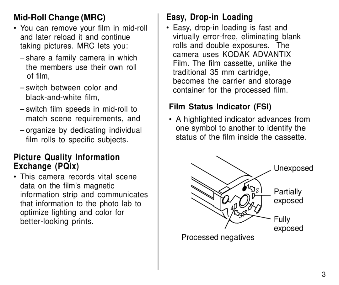 Kodak C800/C850 manual Easy, Drop-in Loading, Mid-Roll Change MRC, Picture Quality Information Exchange PQix 