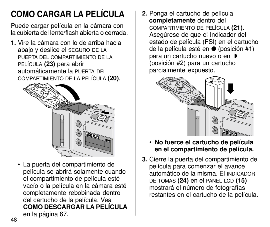 Kodak C800/C850 manual Como Cargar LA Película, Película 23 para abrir automáticamente la Puerta DEL 