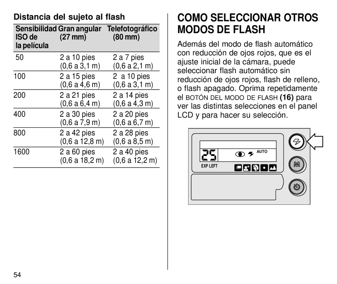 Kodak C800/C850 manual Distancia del sujeto al flash, ISO de 27 mm 80 mm La película, A 8,5 m, 1600 60 pies 40 pies 