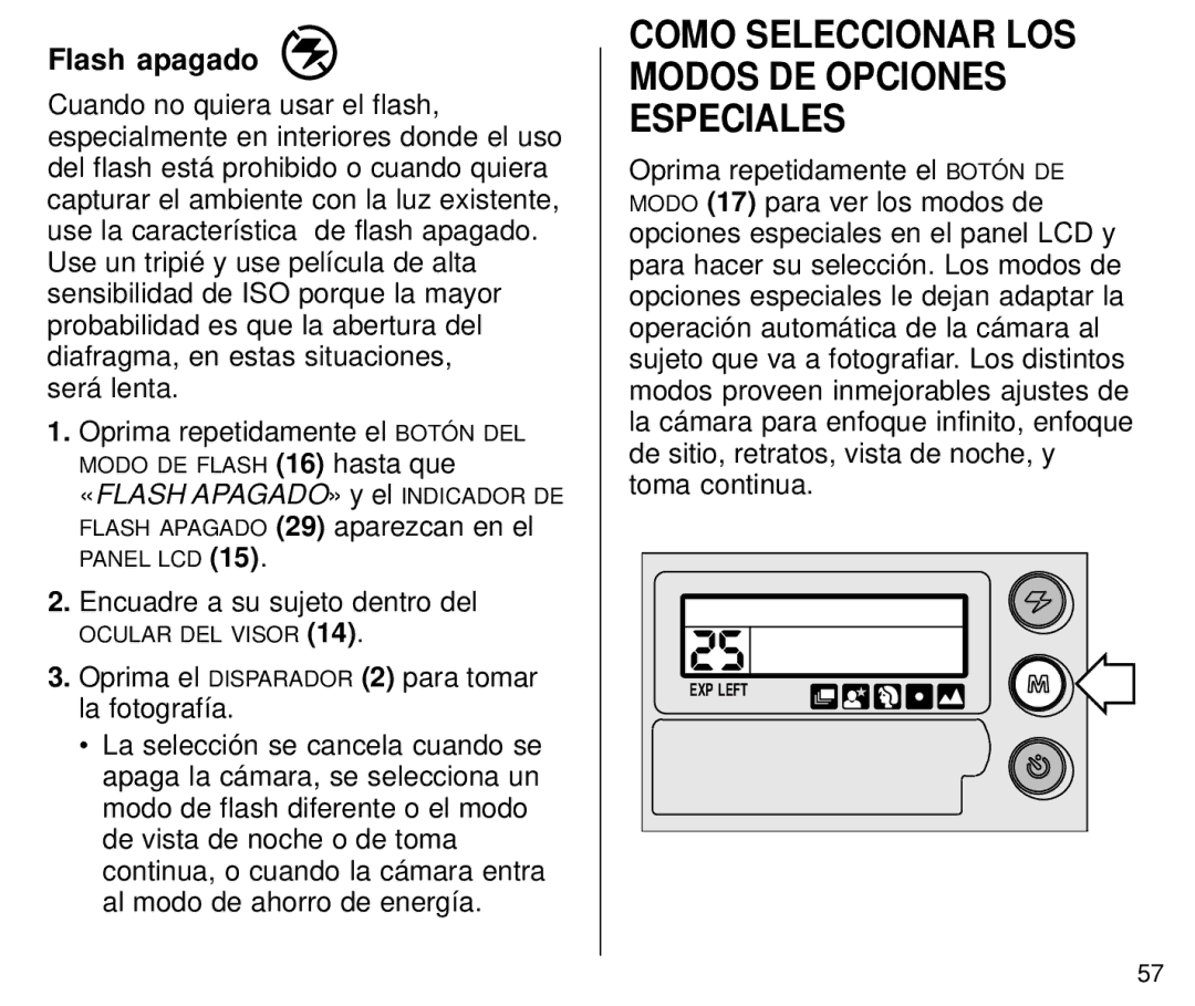 Kodak C800/C850 manual Como Seleccionar LOS Modos DE Opciones Especiales, Flash apagado 